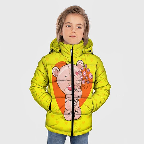 Зимняя куртка для мальчика Мишка с цветочками / 3D-Красный – фото 3
