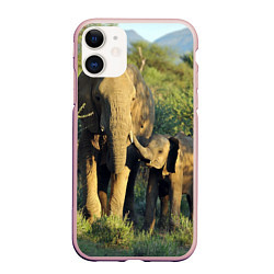 Чехол iPhone 11 матовый Семья слонов в природе, цвет: 3D-светло-розовый