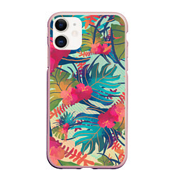 Чехол iPhone 11 матовый Тропический мотив, цвет: 3D-светло-розовый