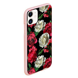 Чехол iPhone 11 матовый Красные и белые розы, цвет: 3D-светло-розовый — фото 2