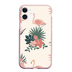 Чехол iPhone 11 матовый Розовый фламинго и цветы, цвет: 3D-светло-розовый
