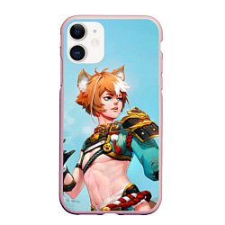 Чехол iPhone 11 матовый Горо Genshin Impact, цвет: 3D-светло-розовый