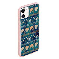 Чехол iPhone 11 матовый Жирафы и слоны, цвет: 3D-светло-розовый — фото 2