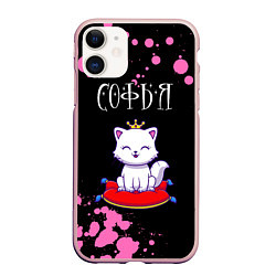 Чехол iPhone 11 матовый Софья - КОШКА - Брызги, цвет: 3D-светло-розовый