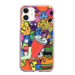 Чехол iPhone 11 матовый Fast food pattern Pop art Fashion trend, цвет: 3D-светло-розовый