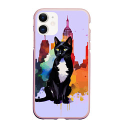 Чехол iPhone 11 матовый Милая кисуля в Нью-Йорке - акварель, цвет: 3D-светло-розовый