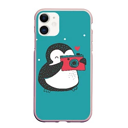 Чехол iPhone 11 матовый Пингвин с фотоаппаратом, цвет: 3D-светло-розовый
