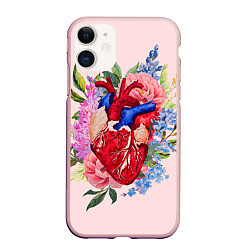 Чехол iPhone 11 матовый Цветочное сердце, цвет: 3D-светло-розовый