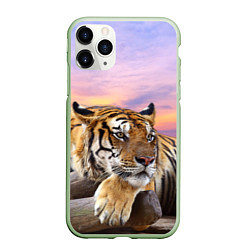 Чехол iPhone 11 Pro матовый Тигр на закате, цвет: 3D-салатовый