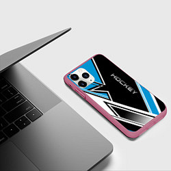 Чехол iPhone 11 Pro матовый Hockey black blue white, цвет: 3D-малиновый — фото 2