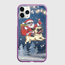 Чехол iPhone 11 Pro матовый Санта едет на мопсе