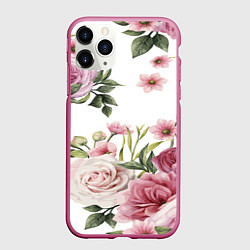 Чехол iPhone 11 Pro матовый Розовые розы, цвет: 3D-малиновый