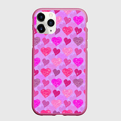 Чехол iPhone 11 Pro матовый Розовые сердечки, цвет: 3D-малиновый