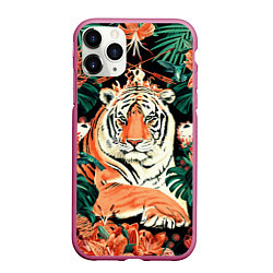 Чехол iPhone 11 Pro матовый Огненный Тигр в Цветах