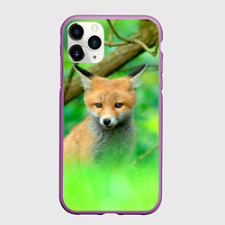 Чехол iPhone 11 Pro матовый Лисенок в зеленом лесу, цвет: 3D-фиолетовый