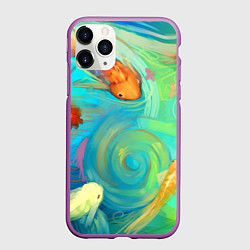 Чехол iPhone 11 Pro матовый Золотые рыбы в море абстракции, цвет: 3D-фиолетовый