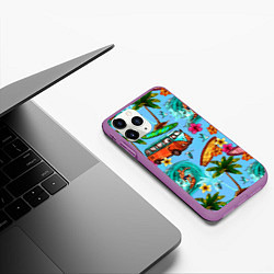 Чехол iPhone 11 Pro матовый Пальмы, волны, серфинг, цвет: 3D-фиолетовый — фото 2