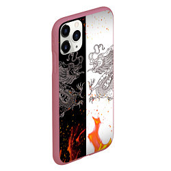 Чехол iPhone 11 Pro матовый Драконы Черный и Белый Огонь, цвет: 3D-малиновый — фото 2