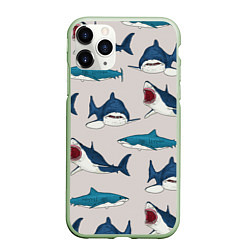 Чехол iPhone 11 Pro матовый Кровожадные акулы паттерн, цвет: 3D-салатовый