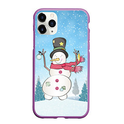 Чехол iPhone 11 Pro матовый Снеговик в снежном дворике, цвет: 3D-фиолетовый