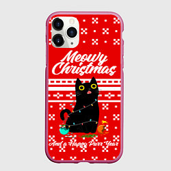 Чехол iPhone 11 Pro матовый MEOW CHRISTMAS, цвет: 3D-малиновый