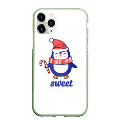 Чехол iPhone 11 Pro матовый Милый пингвин с конфетой и надписью Sweet