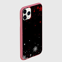 Чехол iPhone 11 Pro матовый КРАСНО БЕЛЫЕ СНЕЖИНКИ НА ЧЁРНОМ ФОНЕ, цвет: 3D-малиновый — фото 2