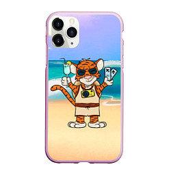 Чехол iPhone 11 Pro матовый Тигр в отпуске на новый год на море, цвет: 3D-розовый