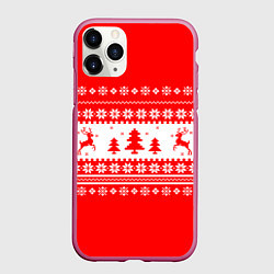 Чехол iPhone 11 Pro матовый КРАСНО-БЕЛЫЙ СВИТЕР С ОЛЕНЯМИ, цвет: 3D-малиновый