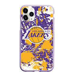 Чехол iPhone 11 Pro матовый LAKERS ФИРМЕННЫЕ ЦВЕТА БРЫЗГИ КРАСОК LA