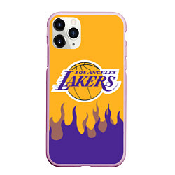 Чехол iPhone 11 Pro матовый LA LAKERS NBA FIRE ЛЕЙКЕРС ОГОНЬ, цвет: 3D-розовый