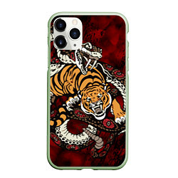 Чехол iPhone 11 Pro матовый Тигр со Змеёй 2022, цвет: 3D-салатовый