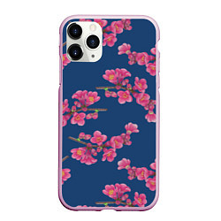 Чехол iPhone 11 Pro матовый Веточки айвы с розовыми цветами на синем фоне, цвет: 3D-розовый