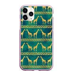 Чехол iPhone 11 Pro матовый Золотые жирафы паттерн, цвет: 3D-розовый