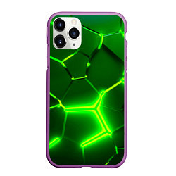 Чехол iPhone 11 Pro матовый 3D ПЛИТЫ НЕОН NEON GREEN HEXAGON РАЗЛОМ