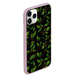 Чехол iPhone 11 Pro матовый Яркие зеленые листья на черном фоне, цвет: 3D-розовый — фото 2