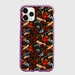 Чехол iPhone 11 Pro матовый Кастеты, Пистолеты, Розы, Сердечки, цвет: 3D-фиолетовый