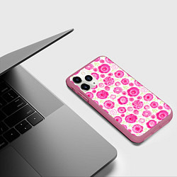 Чехол iPhone 11 Pro матовый Яркие розовые цветы в дудл стиле, абстракция, цвет: 3D-малиновый — фото 2