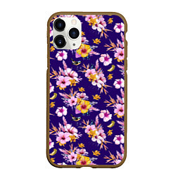Чехол iPhone 11 Pro матовый Цветы Разноцветные Гибискус и Ирисы На Синем Фоне, цвет: 3D-коричневый