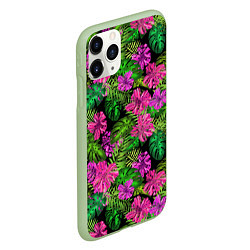 Чехол iPhone 11 Pro матовый Тропические листья и цветы на черном фоне, цвет: 3D-салатовый — фото 2