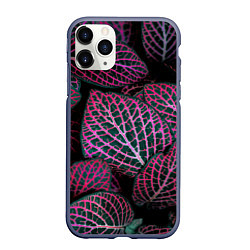 Чехол iPhone 11 Pro матовый Неоновые листья цветов - Розовый, цвет: 3D-серый