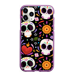 Чехол iPhone 11 Pro матовый Веселые черепа в цветах