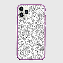 Чехол iPhone 11 Pro матовый Цветочки черные на белом, цвет: 3D-фиолетовый