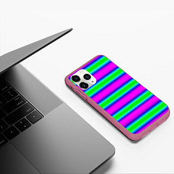 Чехол iPhone 11 Pro матовый Зеленый и фиолетовые яркие неоновые полосы striped, цвет: 3D-малиновый — фото 2