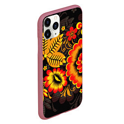 Чехол iPhone 11 Pro матовый Хохломская Роспись Цветы На Тёмном Фоне, цвет: 3D-малиновый — фото 2