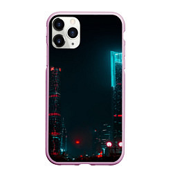 Чехол iPhone 11 Pro матовый Неоновые высотки в городе - Светло-синий