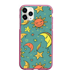Чехол iPhone 11 Pro матовый Солнце, Луна и Звёзды, цвет: 3D-малиновый