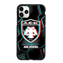 Чехол iPhone 11 Pro матовый AEK Athens FC в стиле Glitch на темном фоне