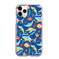 Чехол iPhone 11 Pro матовый Акула, скат и другие обитатели океана - лето