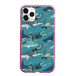Чехол iPhone 11 Pro матовый Ныряльщики и акулы - паттерн, цвет: 3D-малиновый